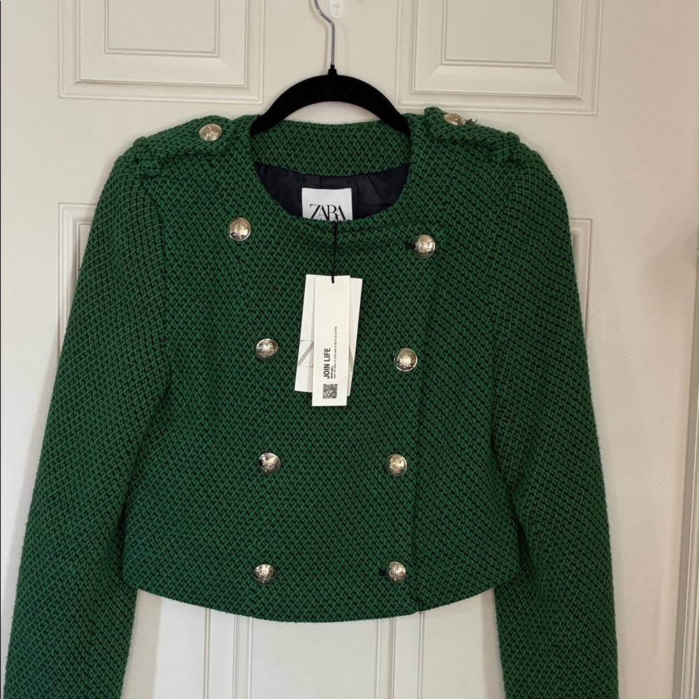 Zara Green Double-Breasted Cropped Blazer
